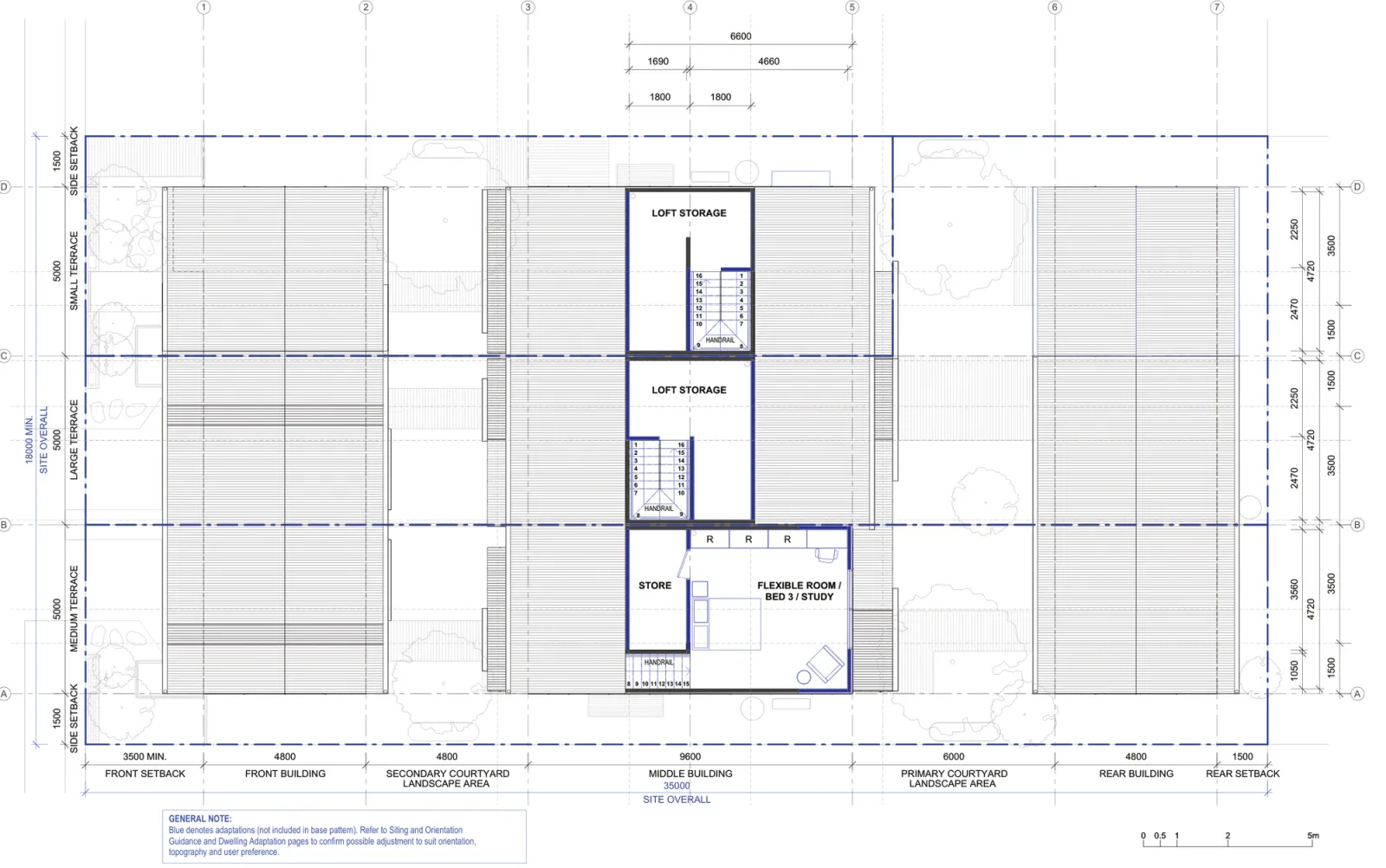 Second floor plan of Terraces 04 inside a low and mid rise housing area, showing the optional third storey dormer rooms drawn in blue, loft storage over two homes and a flexible bedroom or study over the third, each reached by an added flight of stairs
