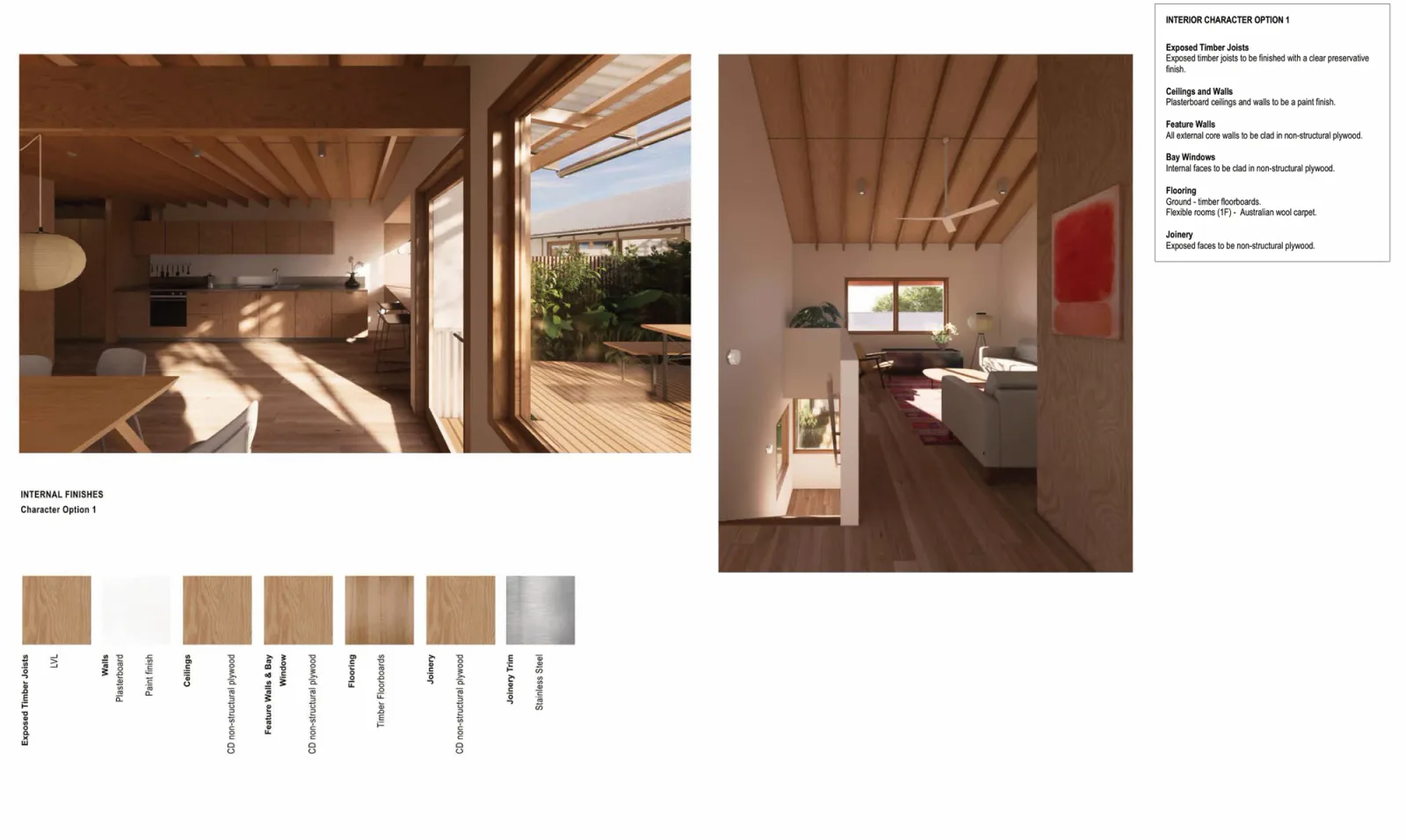 Interior material palette 1 for Terraces 04, with exposed laminated veneer lumber joists, painted plasterboard walls, plywood ceilings, feature walls and bay windows, timber floorboards and stainless steel joinery trim
