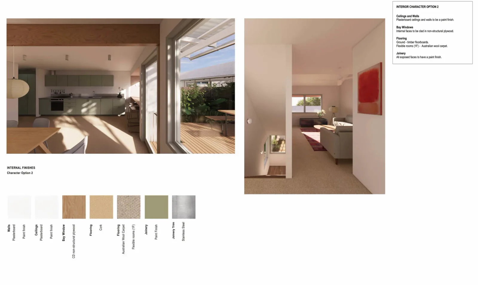 Interior material palette 2 for Terraces 04, with painted plasterboard walls and ceilings, plywood lined bay windows, cork flooring on the ground floor, Australian wool carpet in the flexible rooms and painted joinery