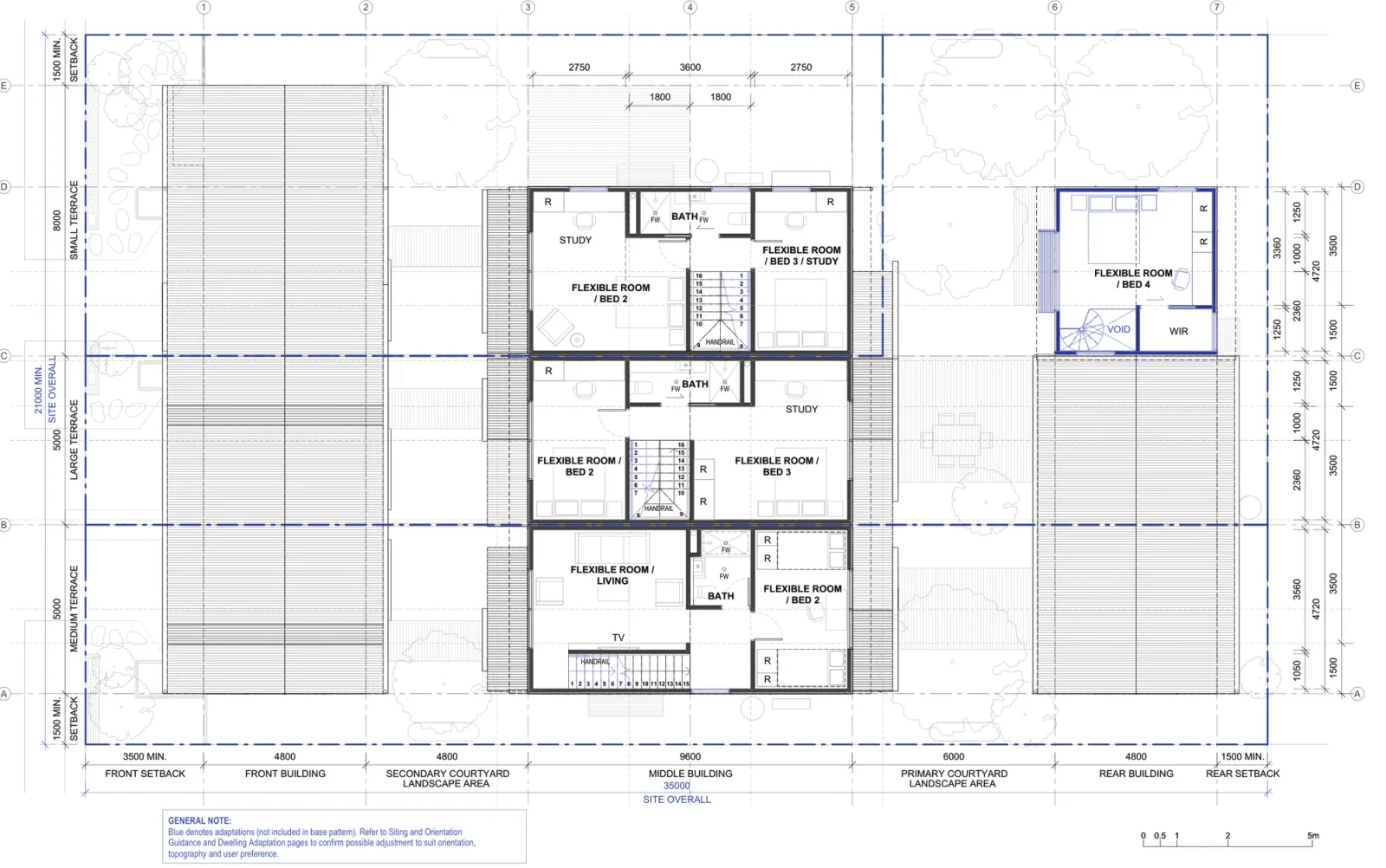 First floor plan of Terraces 04 outside the low and mid rise housing areas, showing the upper level of each two storey middle building with flexible rooms used as bedrooms, studies or living rooms, bathrooms, robes and the switchback stairs