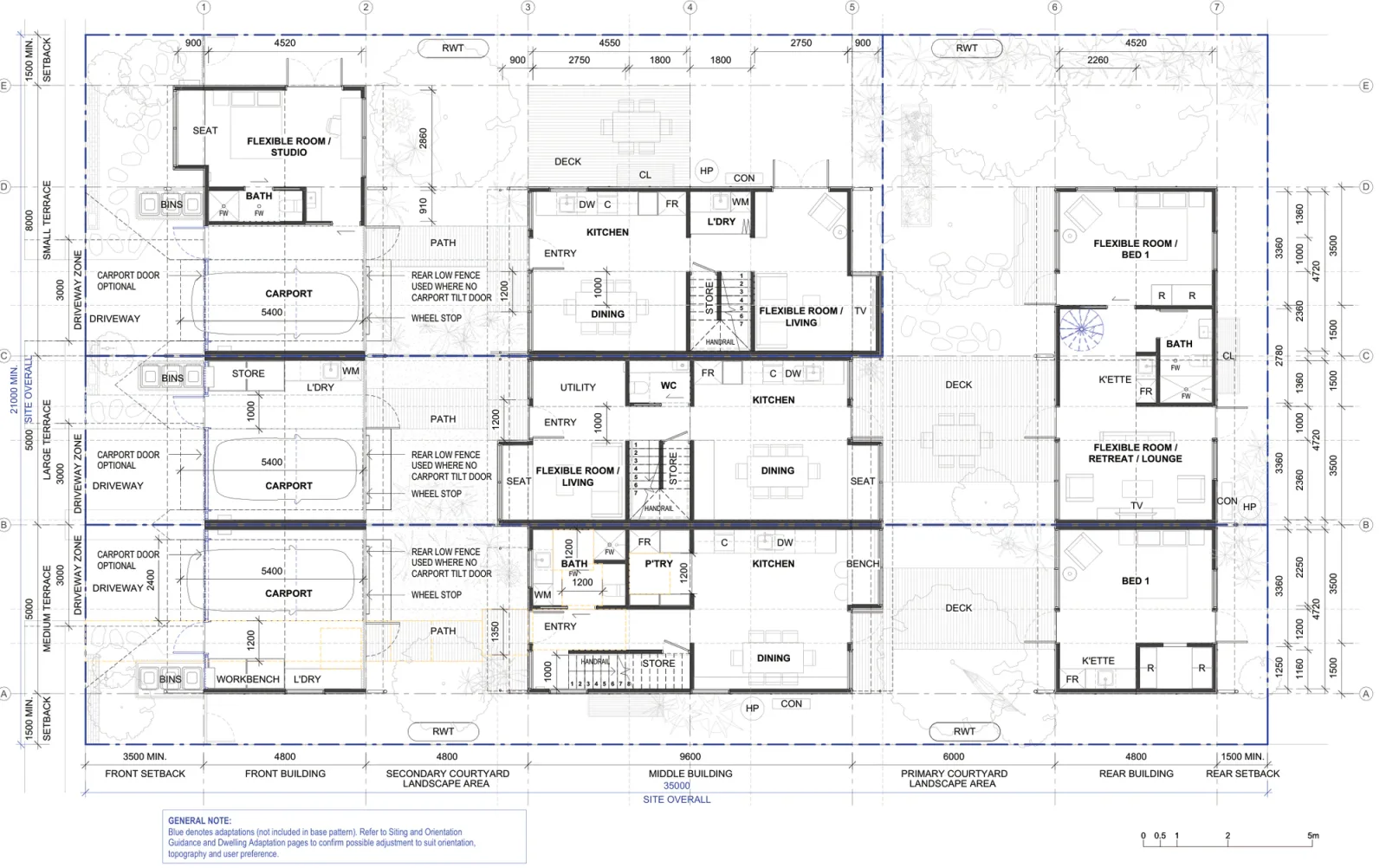 Ground floor plan of all three Terraces 04 homes outside the low and mid rise housing areas, with kitchens, dining rooms, flexible living rooms, bathrooms, laundries, stores, three carports with optional carport doors, decks, rainwater tanks and the two landscaped courtyards