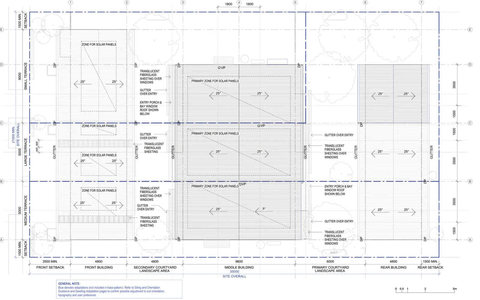 Roof plan of Terraces 04 outside the low and mid rise housing areas, showing 25 degree gable roofs over the front, middle and rear buildings, the zones set aside for solar panels, translucent fibreglass sheeting over the windows and entries, gutters and downpipes
