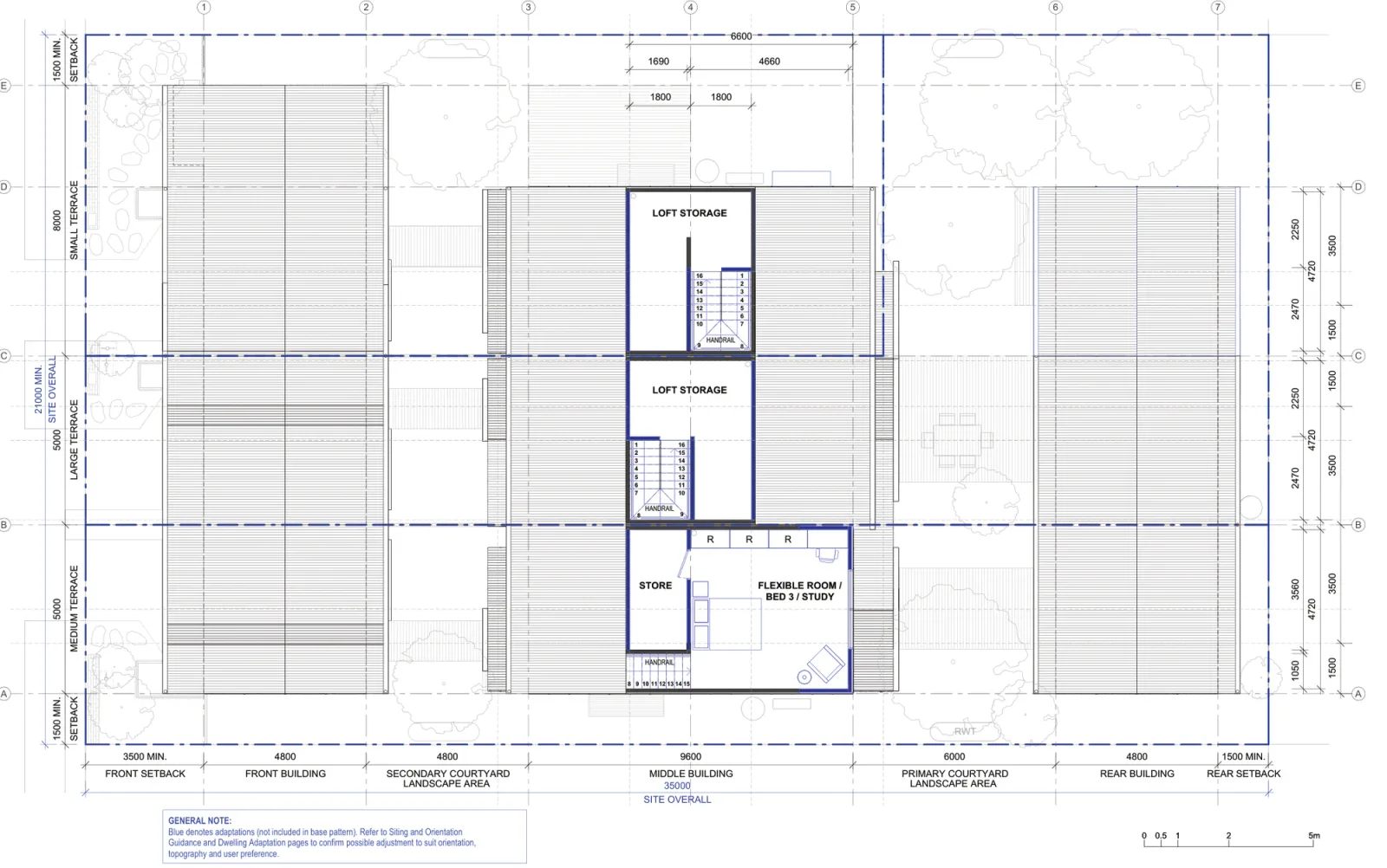 Second floor plan of Terraces 04 outside the low and mid rise housing areas, showing the optional third storey dormer rooms drawn in blue, loft storage over two homes and a flexible bedroom or study over the third