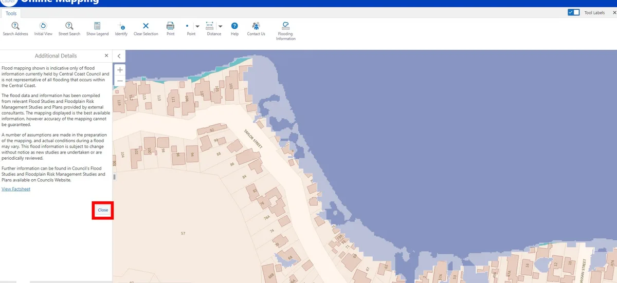 How to turn on 1:100 year flooding central coast online mapping