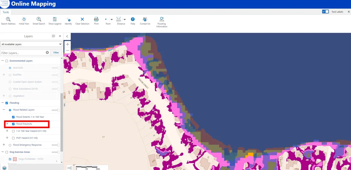 How to turn on flood precincts central coast online mapping