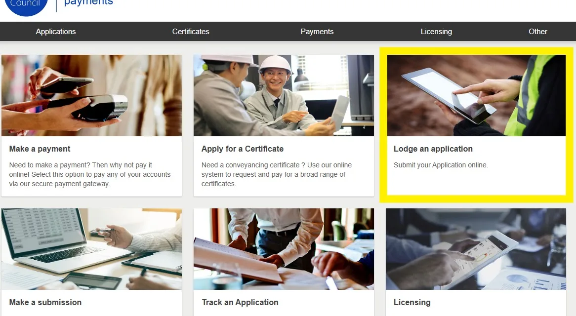 Council payments portal homepage with lodge an application boxed