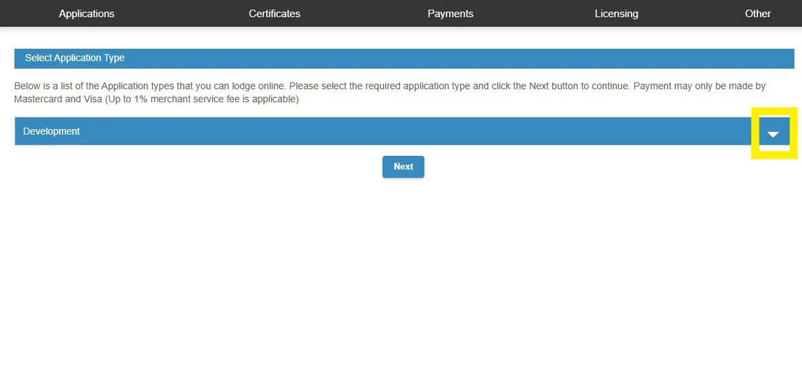 Application type selection page with the Development dropdown highlighted