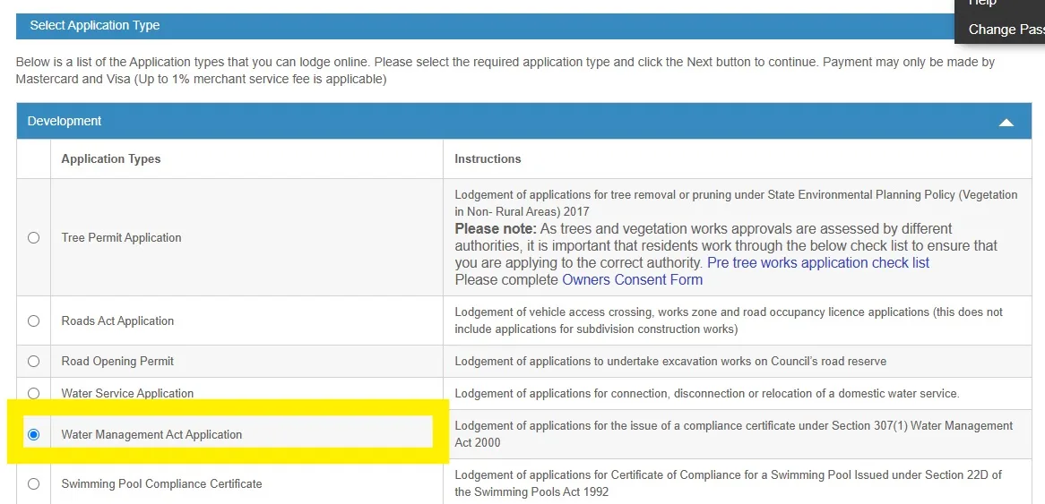 Development application list with the Water Management Act option selected