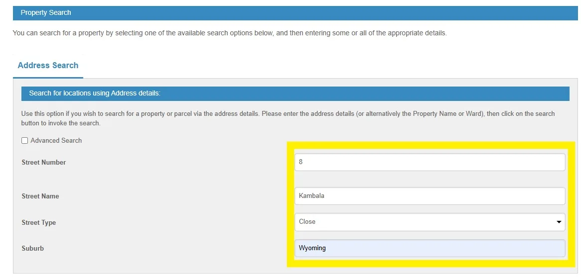 Property search form filled in with a Wyoming street address