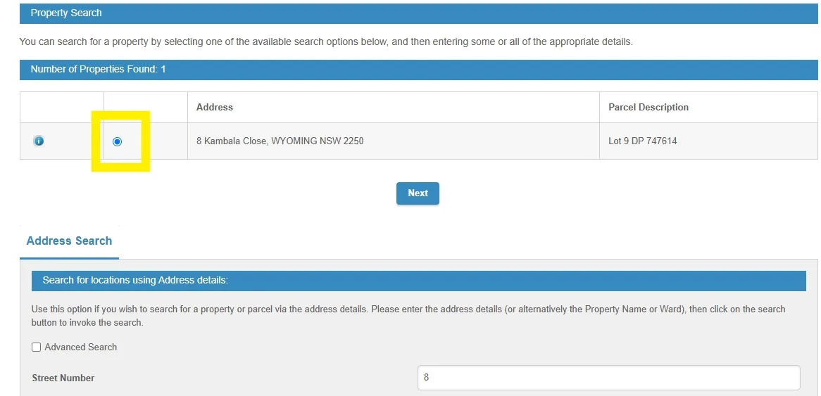 Property search results showing one matching Wyoming property selected