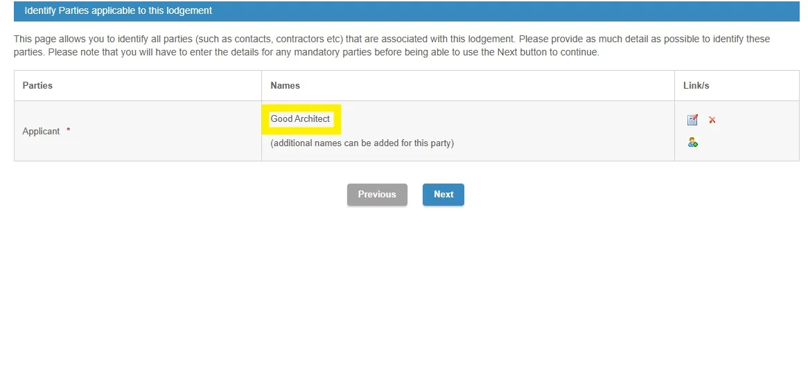 Council lodgement form ready to proceed with the applicant confirmed