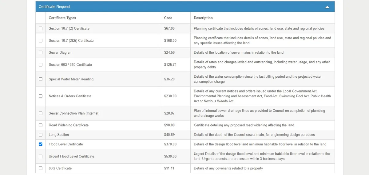 Screenshot of applying for a Flood Level Certificate on Central Coast Council's Website