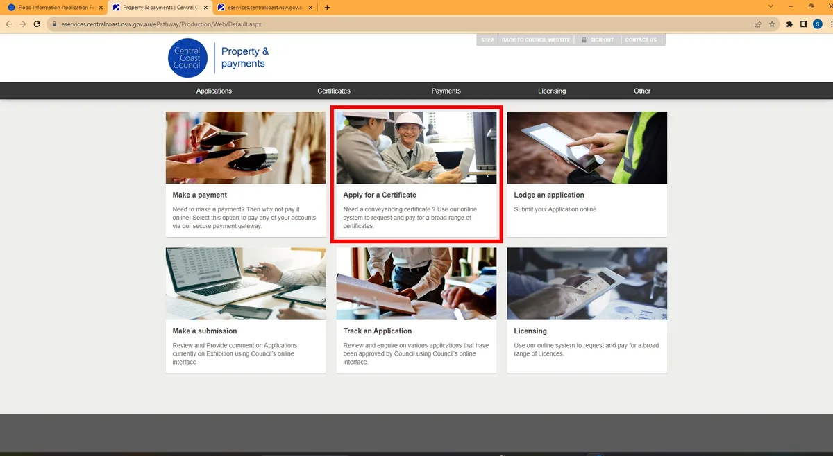Image of selecting apply for a certificate on Central Coast Council's Website