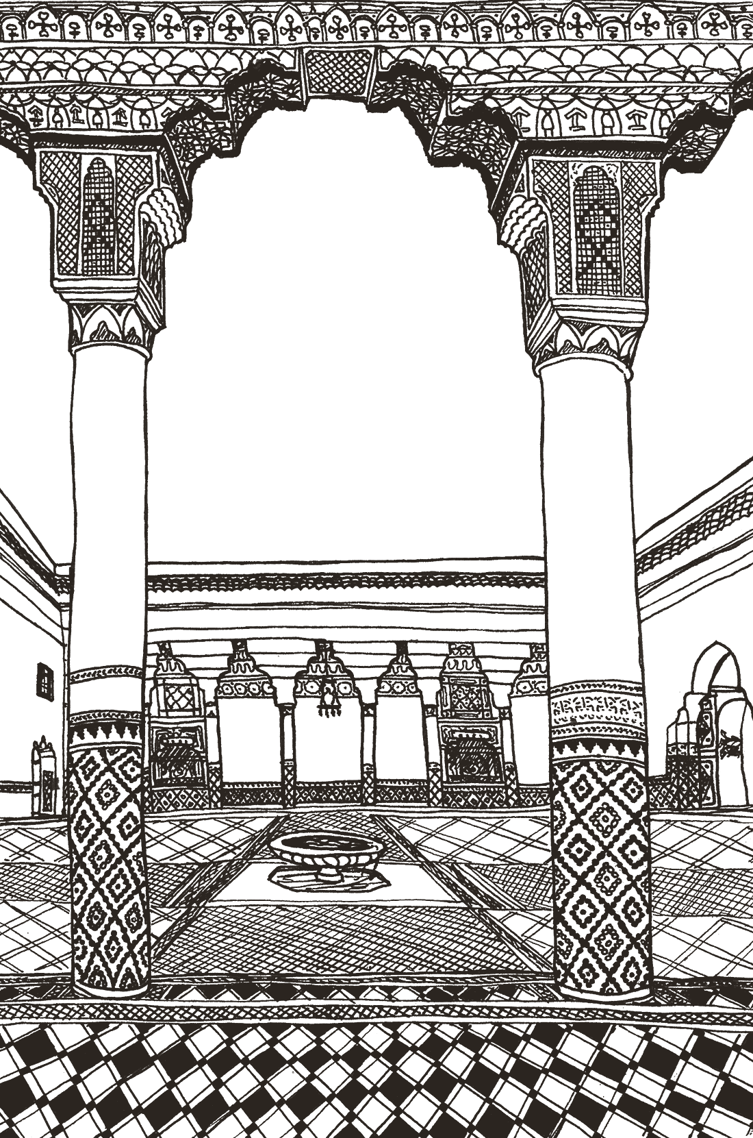My sketch of an arched courtyard in Morocco