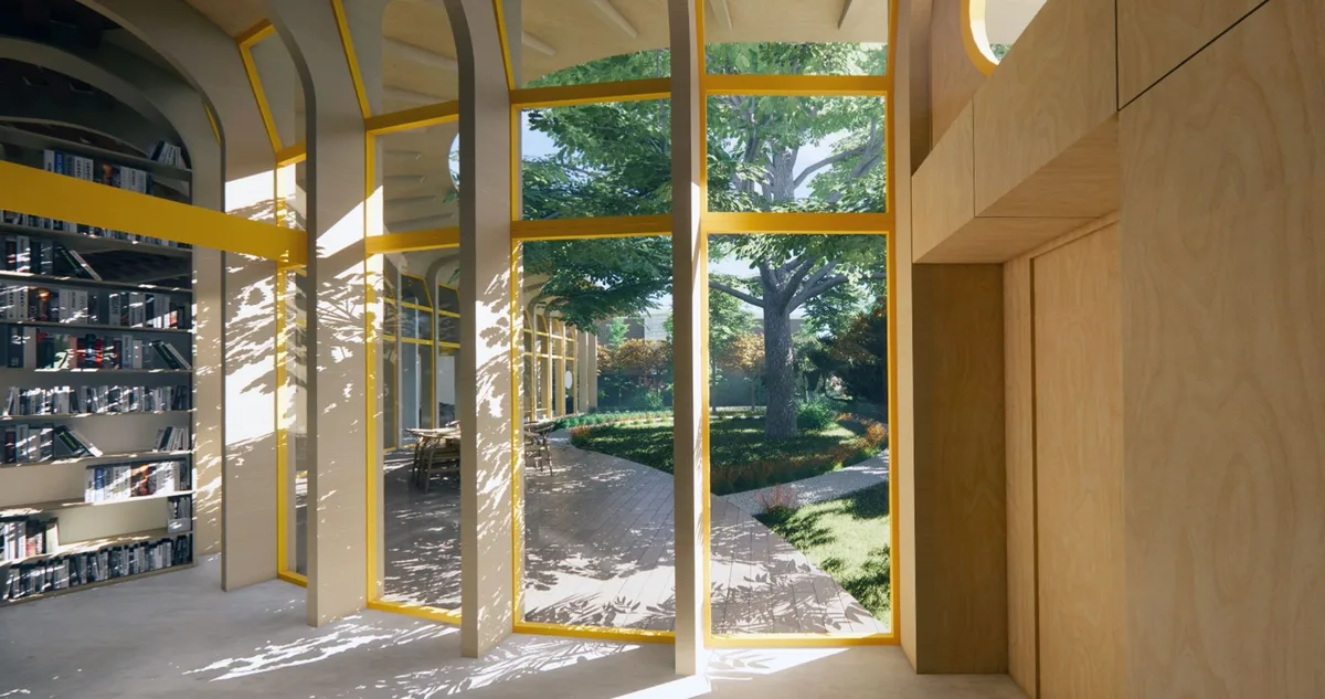 The curved, vaulted interior of my Forest House concept, framing a mature oak