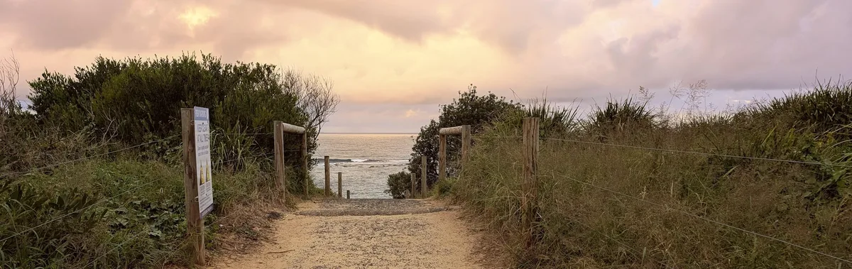 Sandy dune path with timber bollards leading down to Forresters Beach