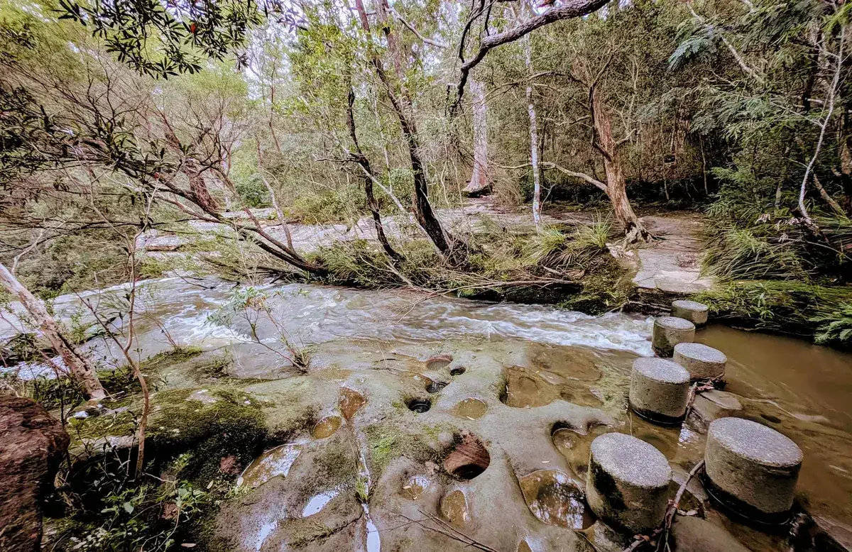 Piles Creek rushing over rock shelves beside a stepping stone crossing