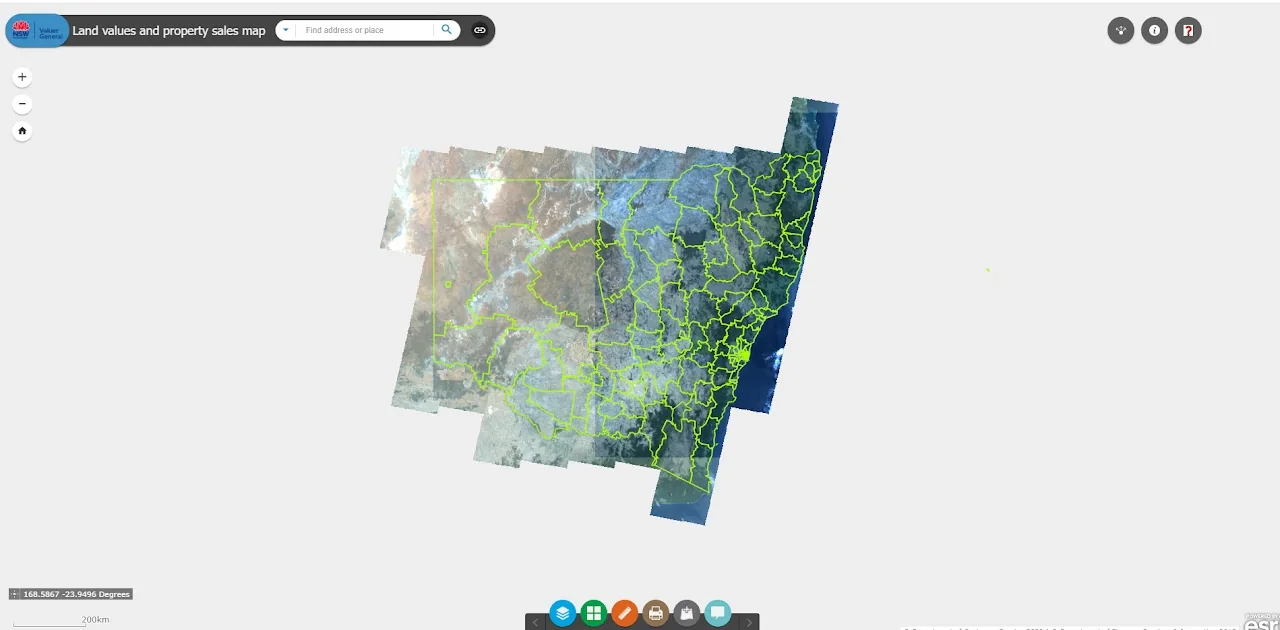 NSW Land Values and property sales map loading over a satellite view