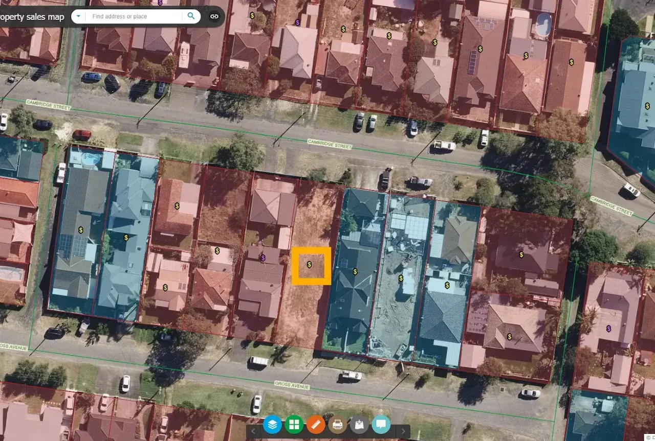 Aerial cadastral map showing a highlighted vacant lot with dollar markers