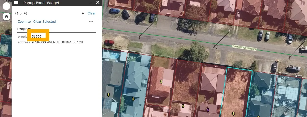 Property popup widget showing site details for 9 Gross Avenue Umina Beach