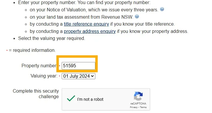 NSW Valuer General property number entry form with captcha verification