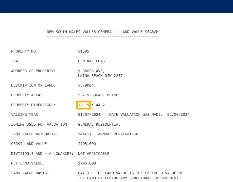Valuer General search result showing property dimensions of 12.19 by 44.2 metres