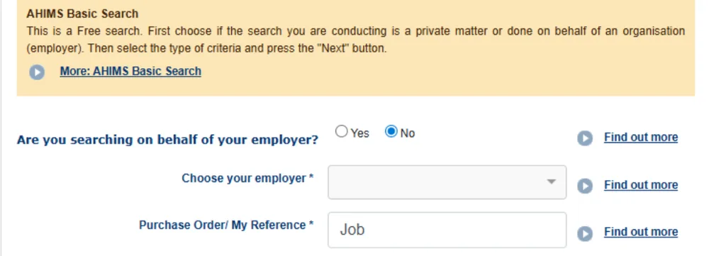 AHIMS Basic Search form, searching as a private matter with a job reference