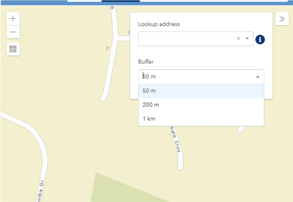 Selecting the buffer distance and looking up an address on the AHIMS map