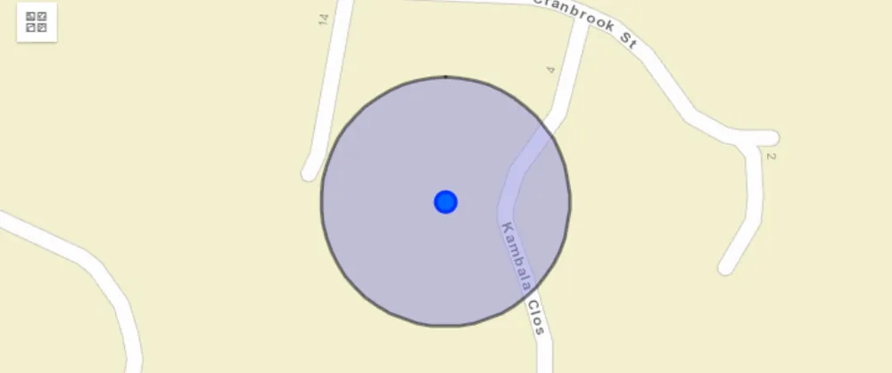 The buffer circle drawn around the selected address on the AHIMS map