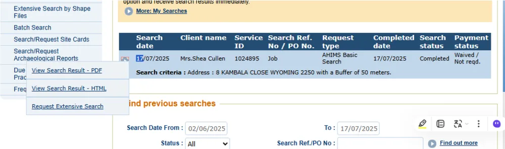 Viewing the AHIMS search result as a PDF from My Searches