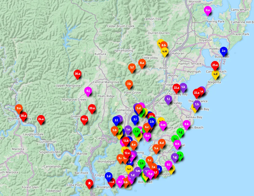 Central Coast bushwalks map showing hundreds of marked walks