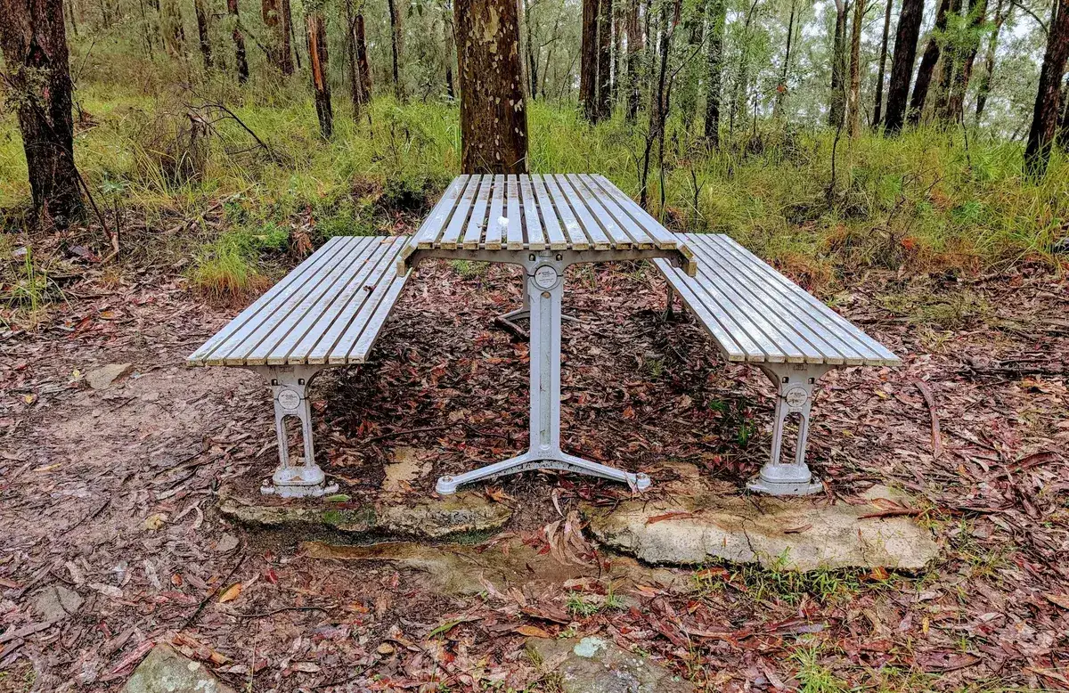 Picnic table shaded by trees at a rest spot near the summit