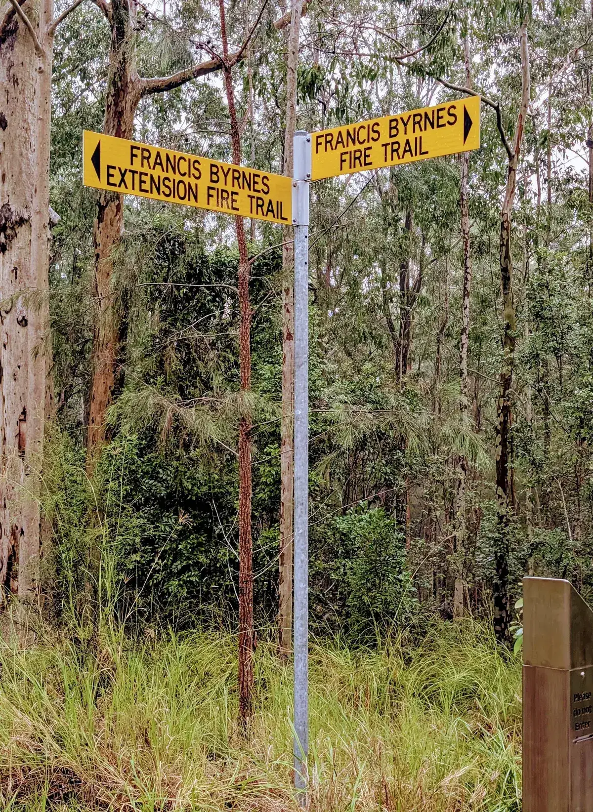 Crossroad signposts marking the Francis Byrnes fire trails