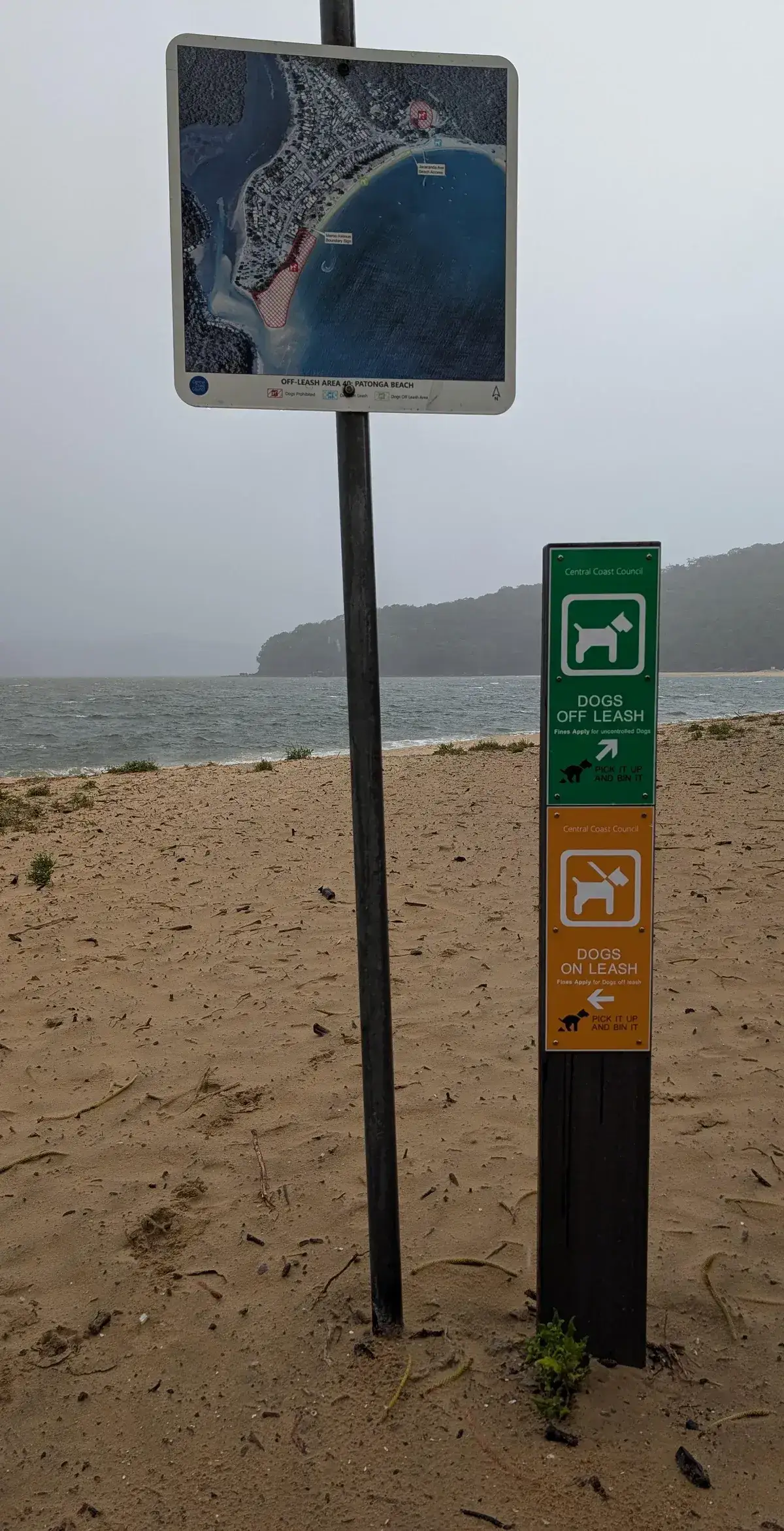 Dogs off leash and on leash signage standing on Patonga beach sand
