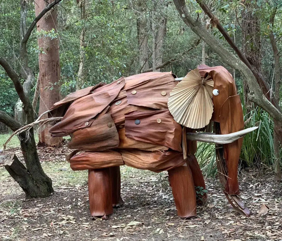 elephant scuplture made of palm leaves at pearl beach arbretum