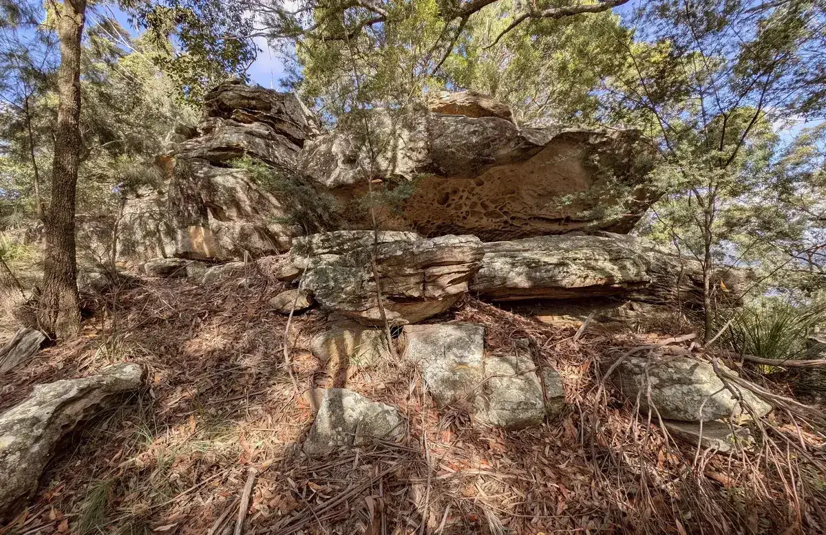 Stacked sandstone boulders forming a rocky outcrop among trees