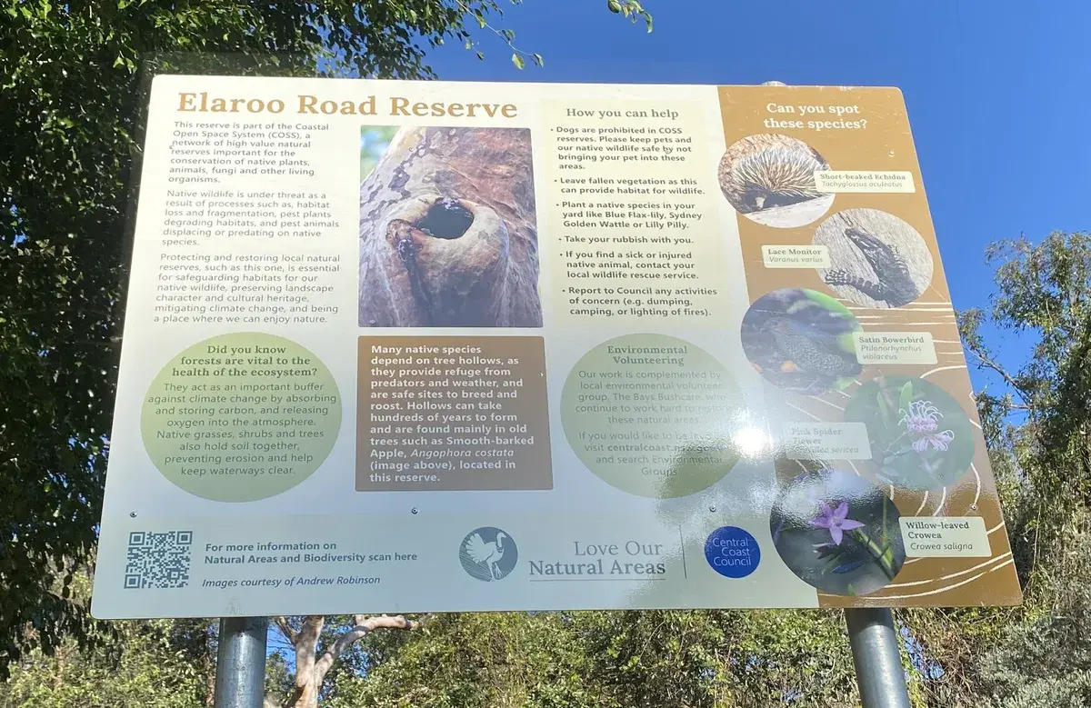 Interpretive sign for Elaroo Road Reserve describing local wildlife