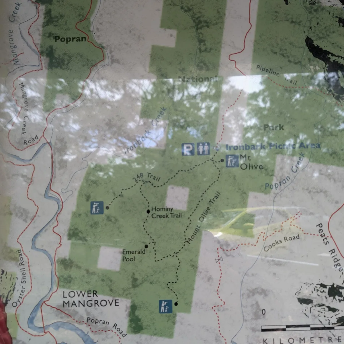 national park information sign map of tracks between Ironbark picnic area and Emerald Pool