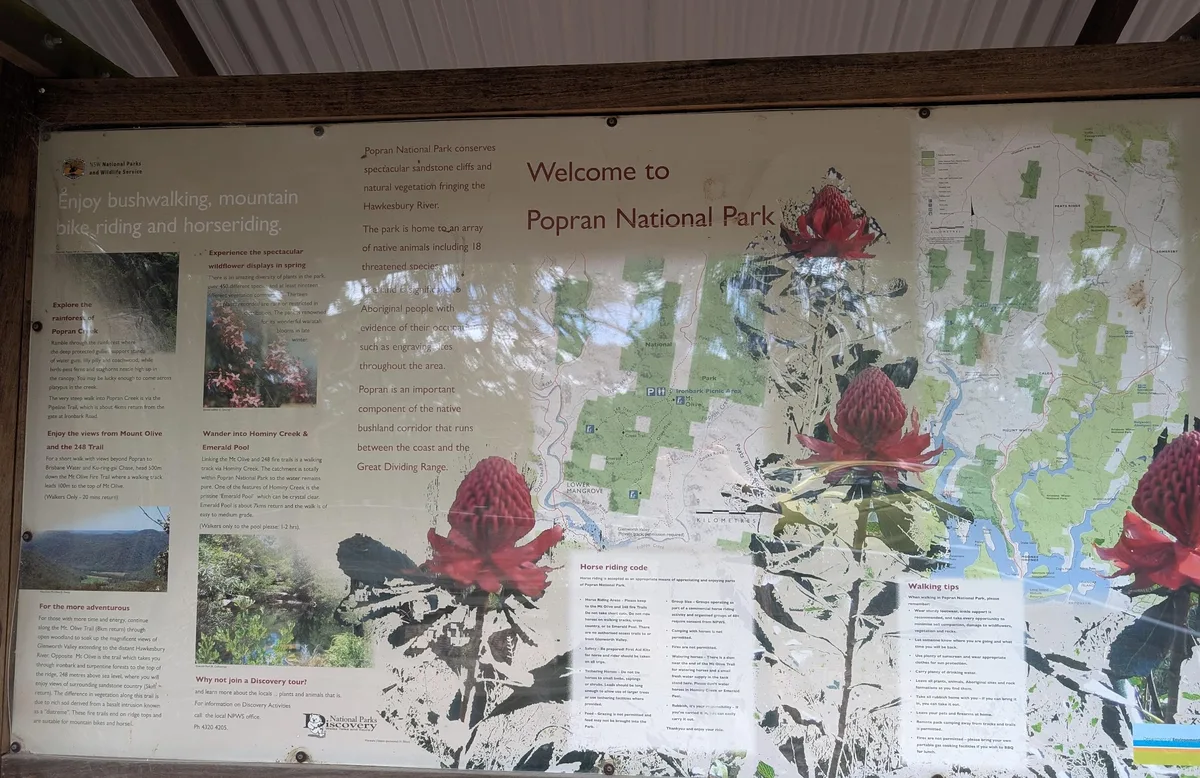 national parks welcome sign for Popran National Park with waratah photos