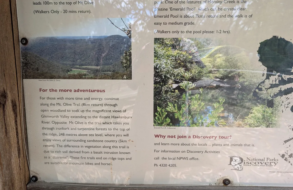 interpretive sign panel describing the Mt Olive lookout and Emerald Pool walks