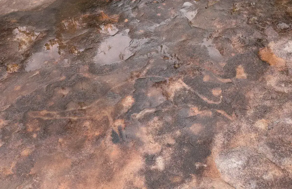 weathered sandstone rock surface with faint water worn grooves and pools