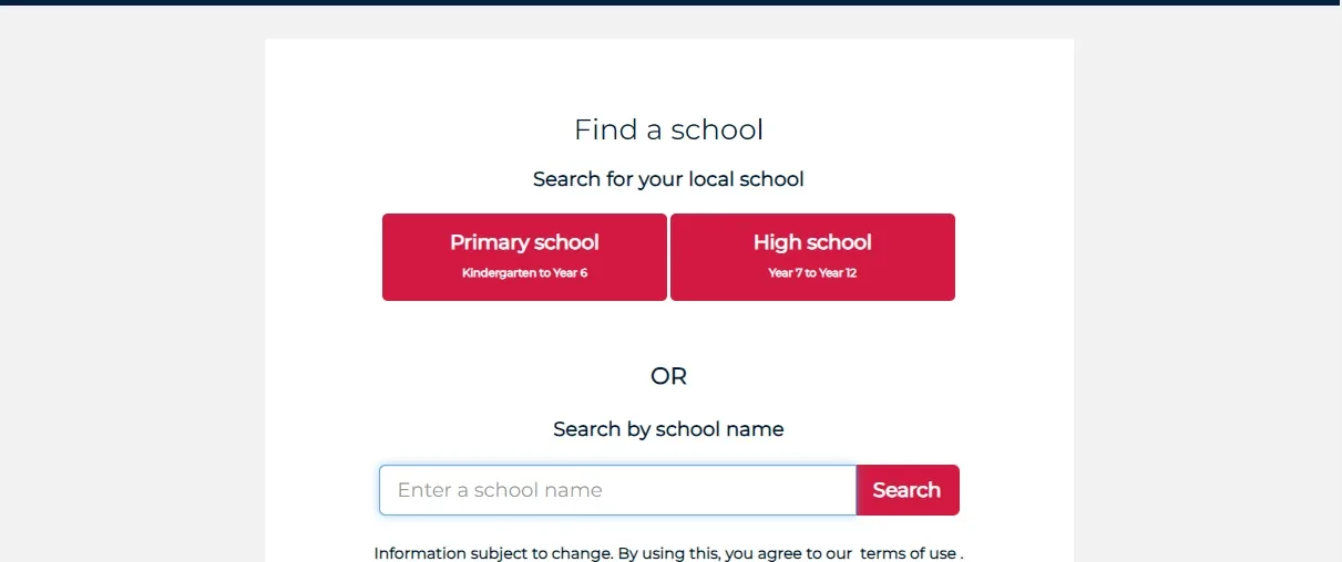 NSW school finder website homepage with primary and high school search buttons