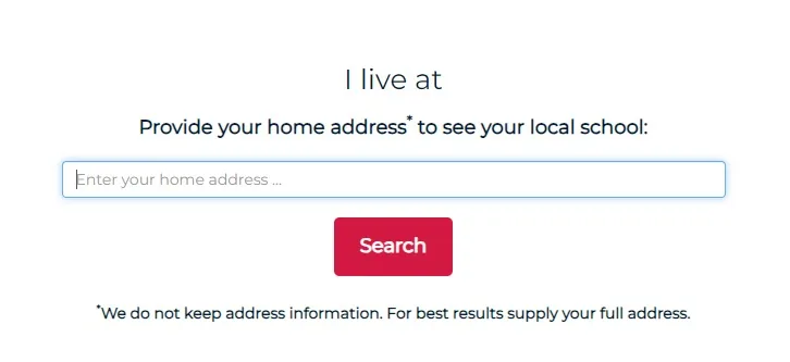 schoolfinder website address search page asking where you live