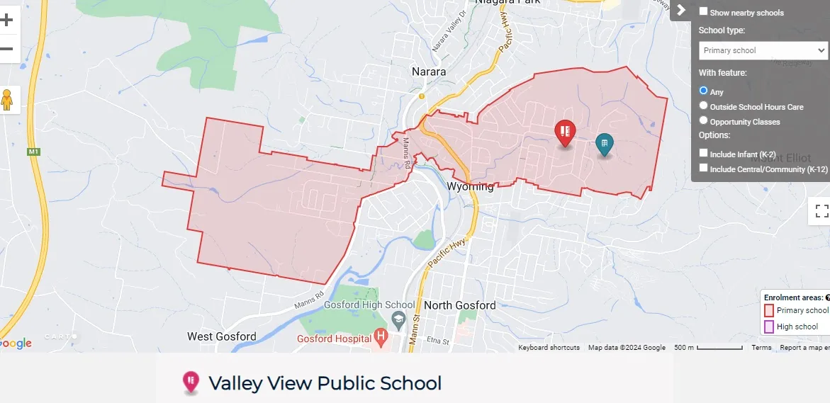 interactive map showing a Central Coast primary school enrolment catchment area