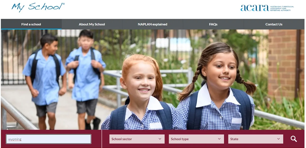 My School website homepage with a search bar for finding a school