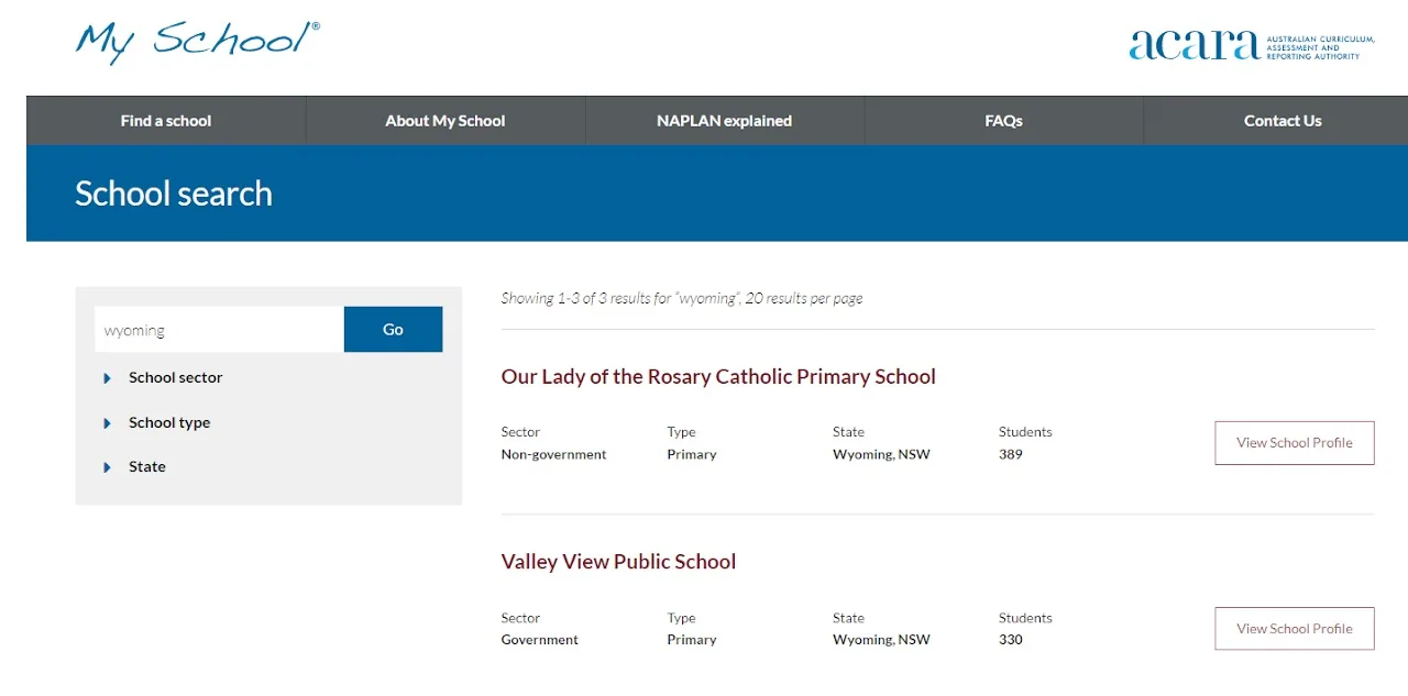 My School search results listing Wyoming area primary schools