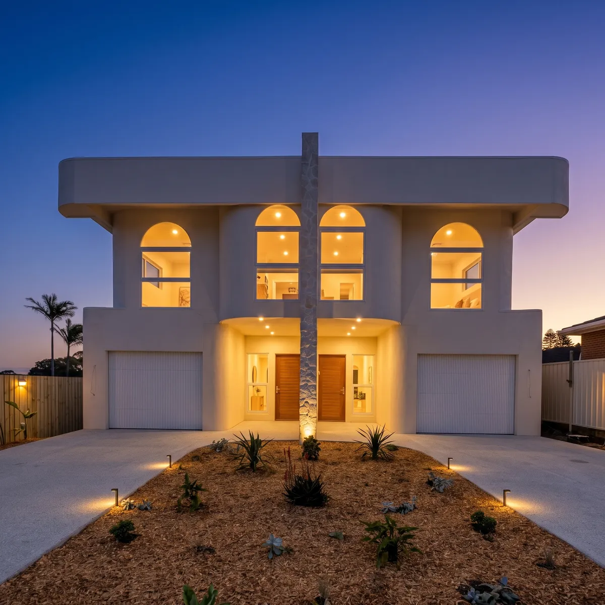 Arched upper windows lit at dusk above the twin entries of the Long Jetty duplex