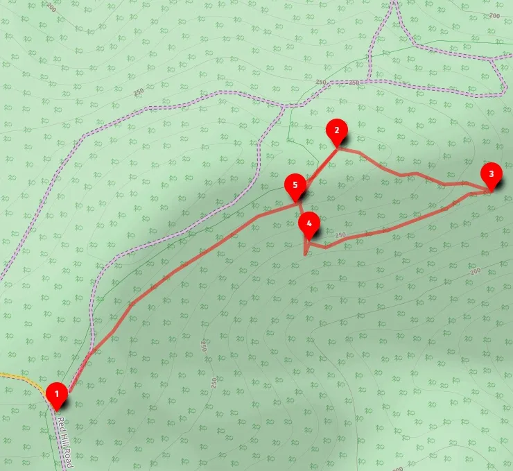 Topographic map showing five waypoints along Red Hill Road to the walk start