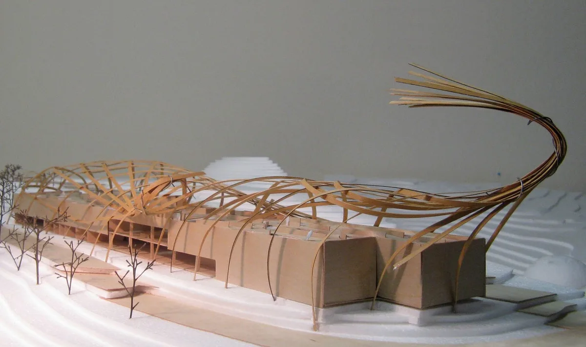The woven timber structure of my Woven Museum concept, worked out as a hand built model