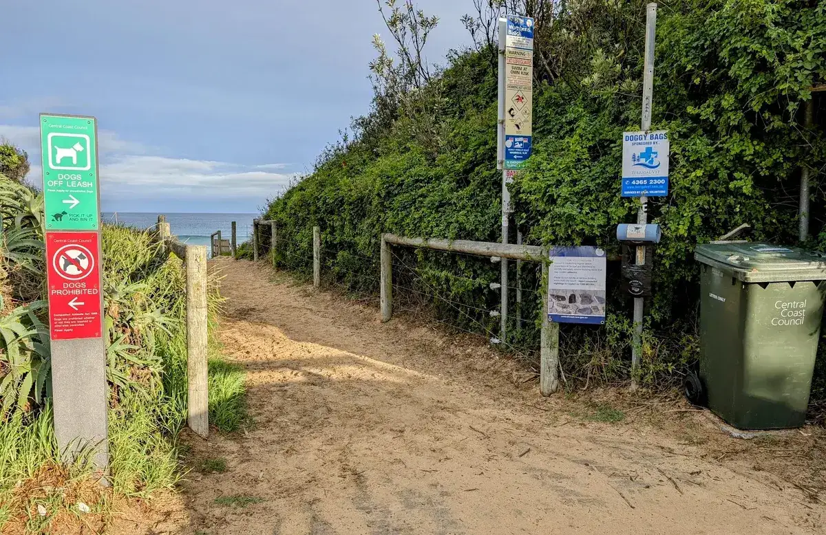 Beach access signage showing the off leash dog area at Wamberal